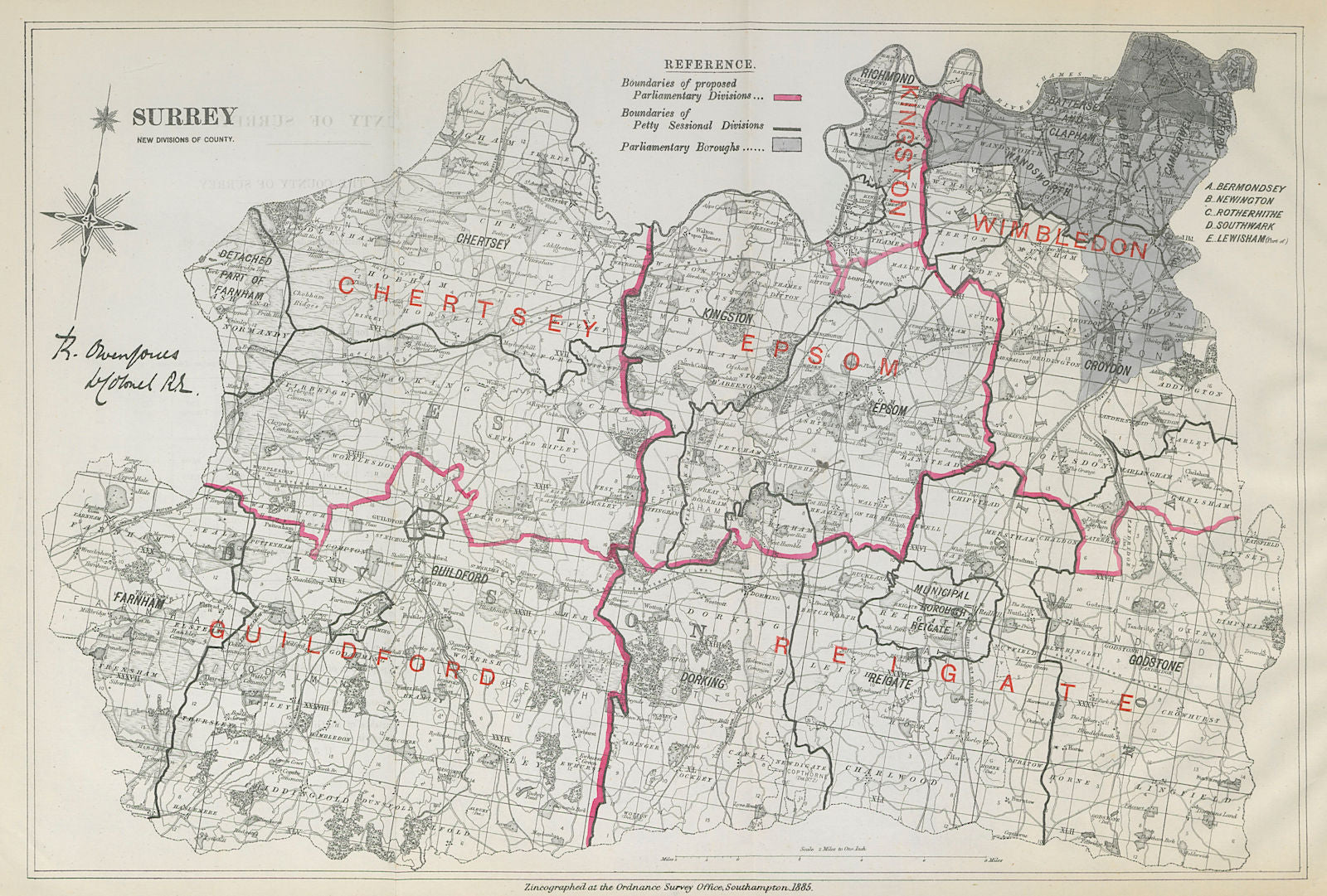 Surrey Parliamentary Divisions. Guildford Reigate. BOUNDARY COMMISSION 1885 map